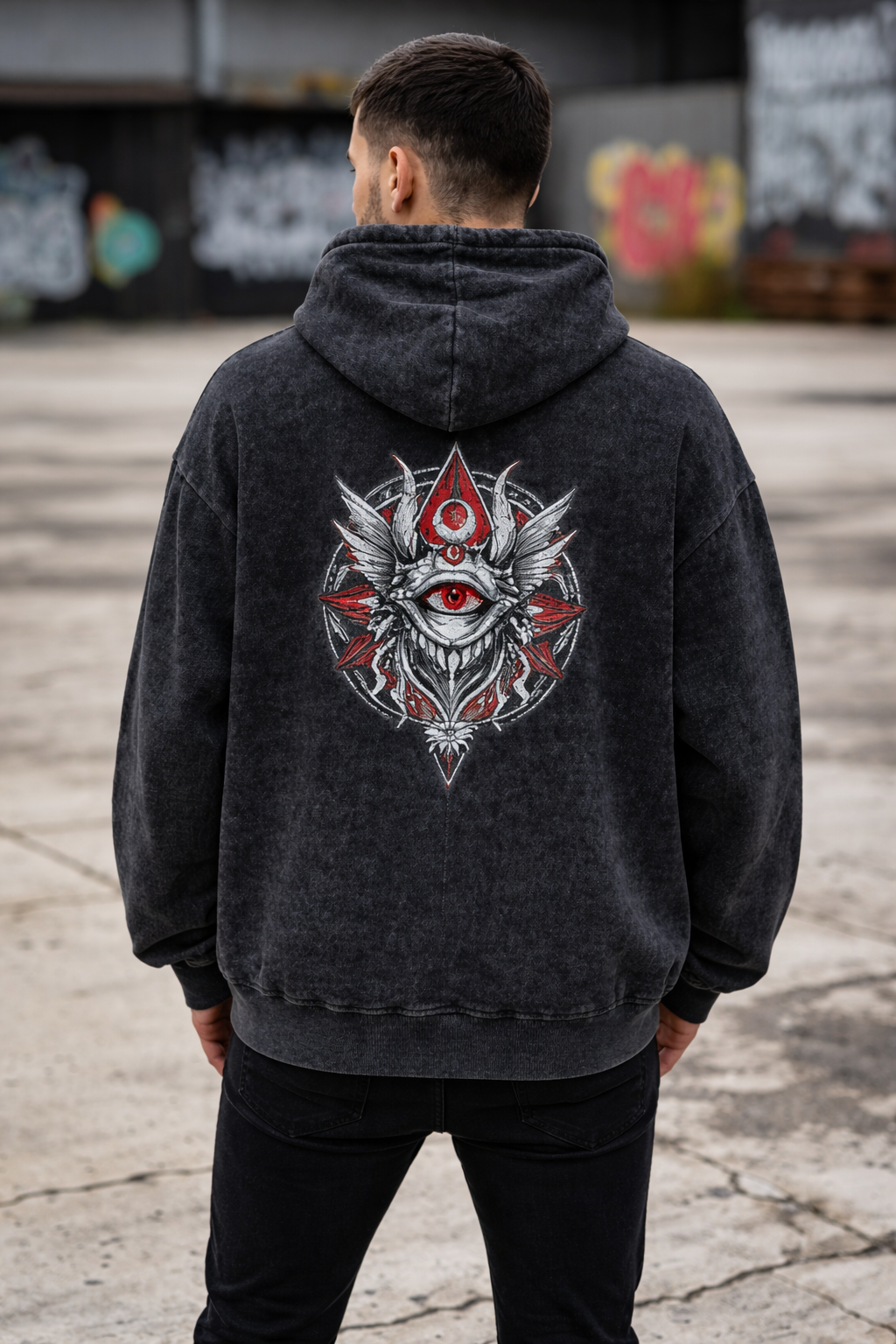 Acid Washed Downshoulder Gothic Print Hoodie - Eye👁️‍🗨️