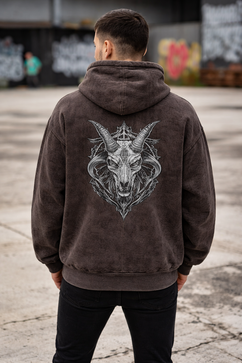Acid Washed Downshoulder Gothic Print Hoodie - GØAT☮️