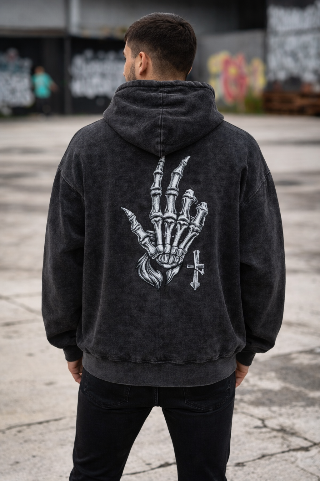 Acid Washed Downshoulder Gothic Print Hoodie - DEADSET☠️