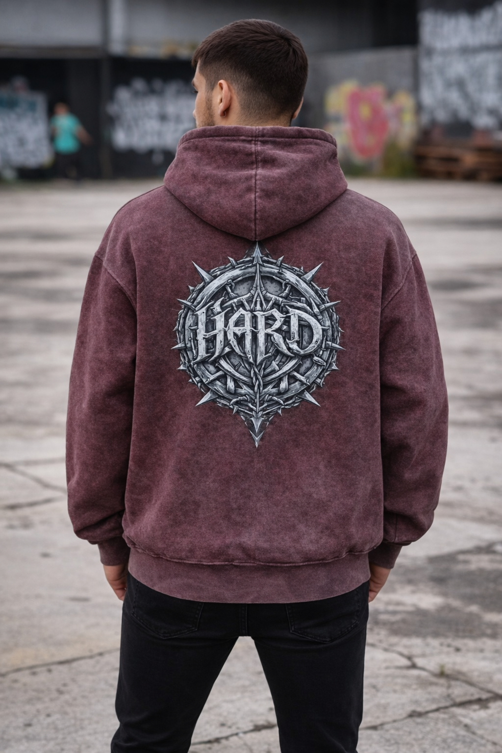 Acid Washed Downshoulder Gothic Print Hoodie - STAY HARD😈