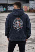 Acid Washed Downshoulder Gothic Print Hoodie - CROWN👑