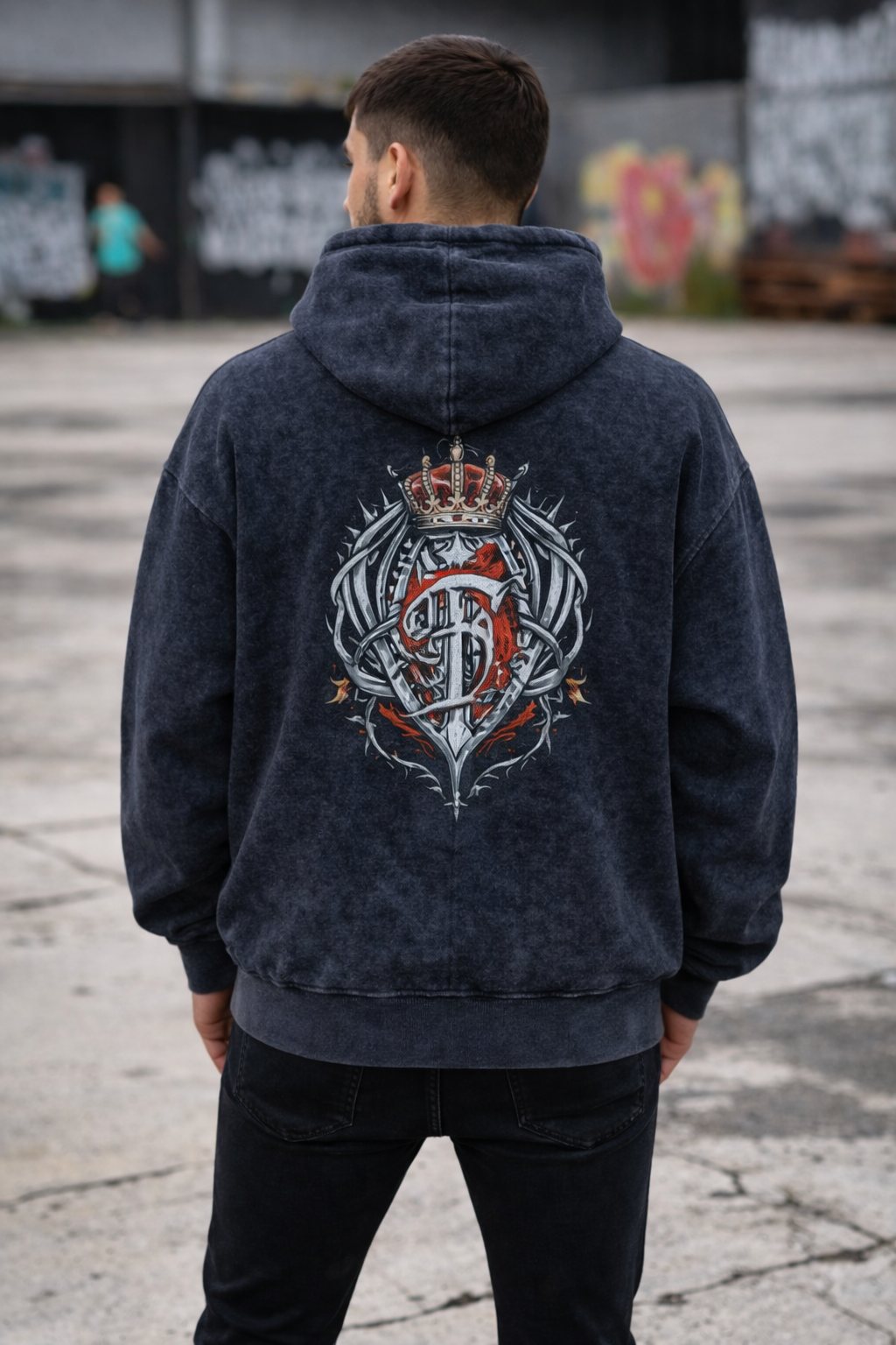 Acid Washed Downshoulder Gothic Print Hoodie - CROWN👑